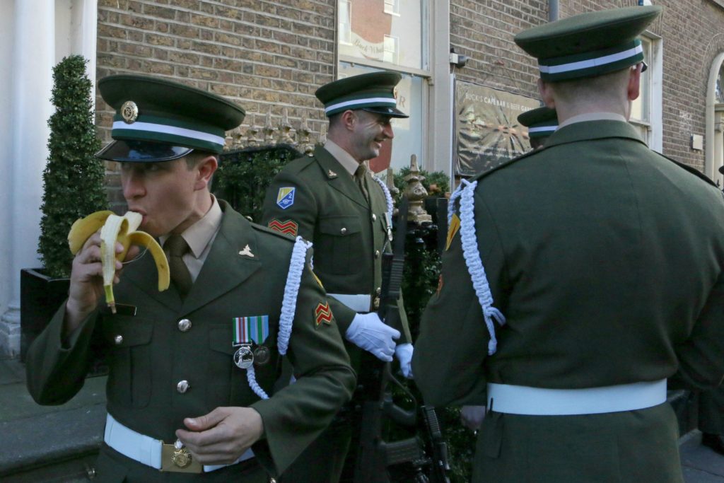 Easter Sunday, 2016, Dublin. The Irish Defence Forces await the start of the parade marking the 100th anniversary of the 1916 Easter Rising, an armed rebellion against British rule. (Danielle Houghton/GroundTruth) 