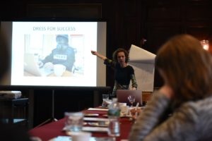 Judith Matloff speaking to a room of young journalists about safety and security during a workshop on World Press Freedom Day. (Edwin Torres/GroundTruth) 