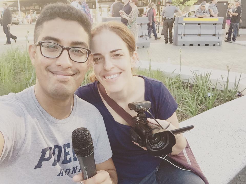 GroundTruth fellows Mohamed Abdelfattah and Jenny Montasir pose for a selfie at the RNC in Cleveland. (Photo by Mohamed Abdelfattah/GroundTruth)