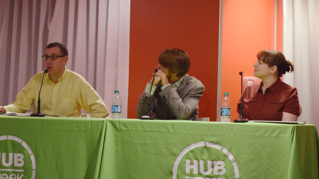 A panel consisting of Todd Wallack, (left) Dan O'Brien (center) and Michelle Borkin (right). Each discussed the different applications of data in journalism, public policy and medical fields. (Photo by Frank Dutan/GroundTruth)