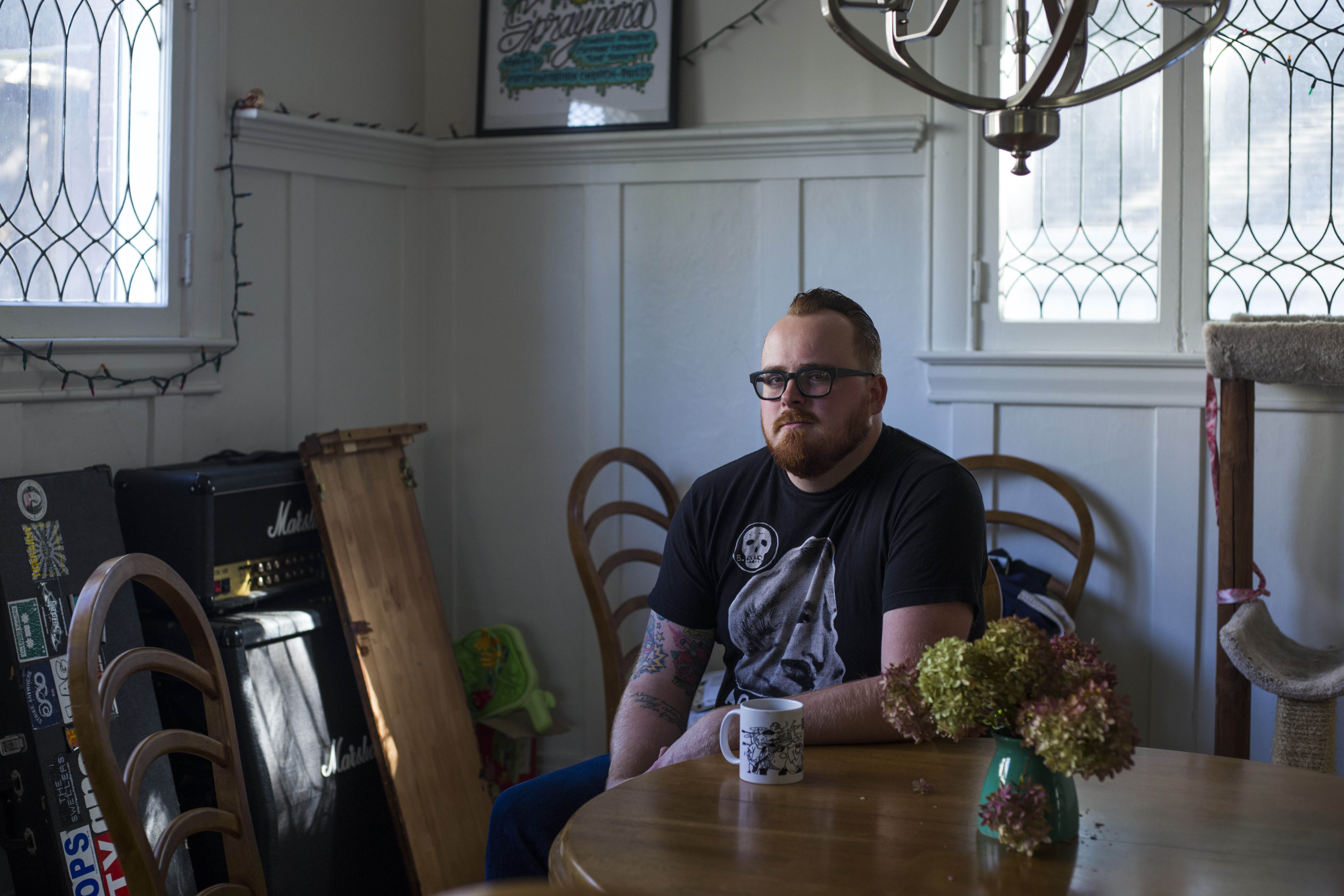 Danny Moilanen, 30, at his home in Flint, Mich., on October 23, 2016. Graduating college shortly after the 2008 financial crisis, with a degree in political science and philosophy, he felt a particular interest in the political economy which he said affirmed his original support for Bernie Sanders. He is the owner of Vehicle City Tacos, a popular taco truck in the city, and says he feels there is a social component to business. "I think in terms of being a business owner still, I'm still a leftist business owner, and I think that kind of confuses people when they think about it because they think traditionally right wing politics associated with business," Moilanen said. "I think if we look at the proper way to allocate resources in this country we should be investing in public resources and ever since the 80's theres been a consistent disinvestment in a lot of those things that actually have tangible public good that helps business in a lot of ways."