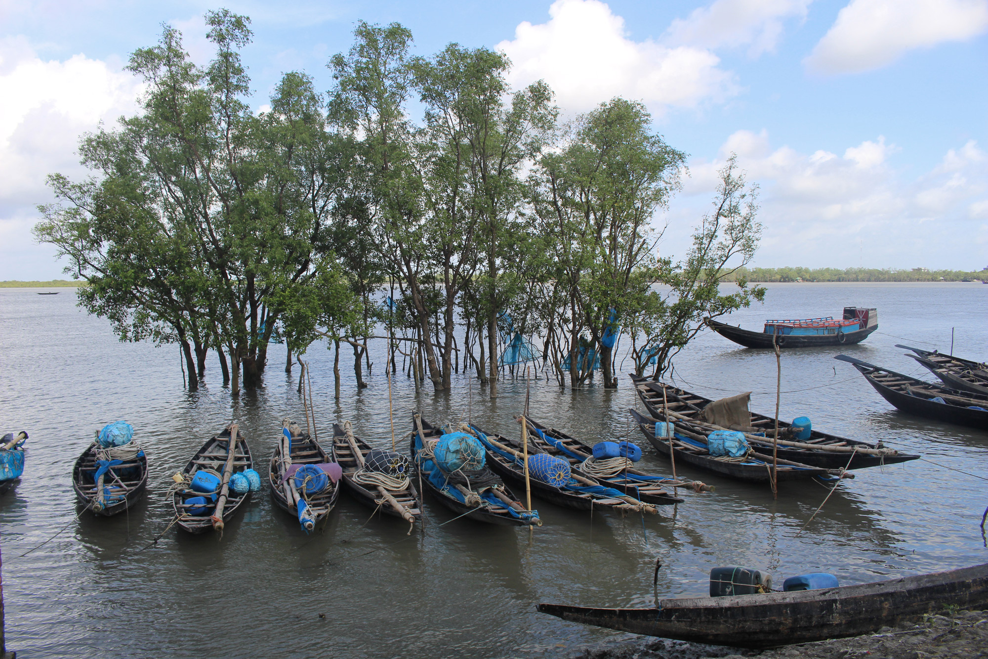 Boats line the shore in Bangladesh, where increasing water salinity leads to a water crisis. (Photo by Neha Thirani Bagri/GroundTruth)