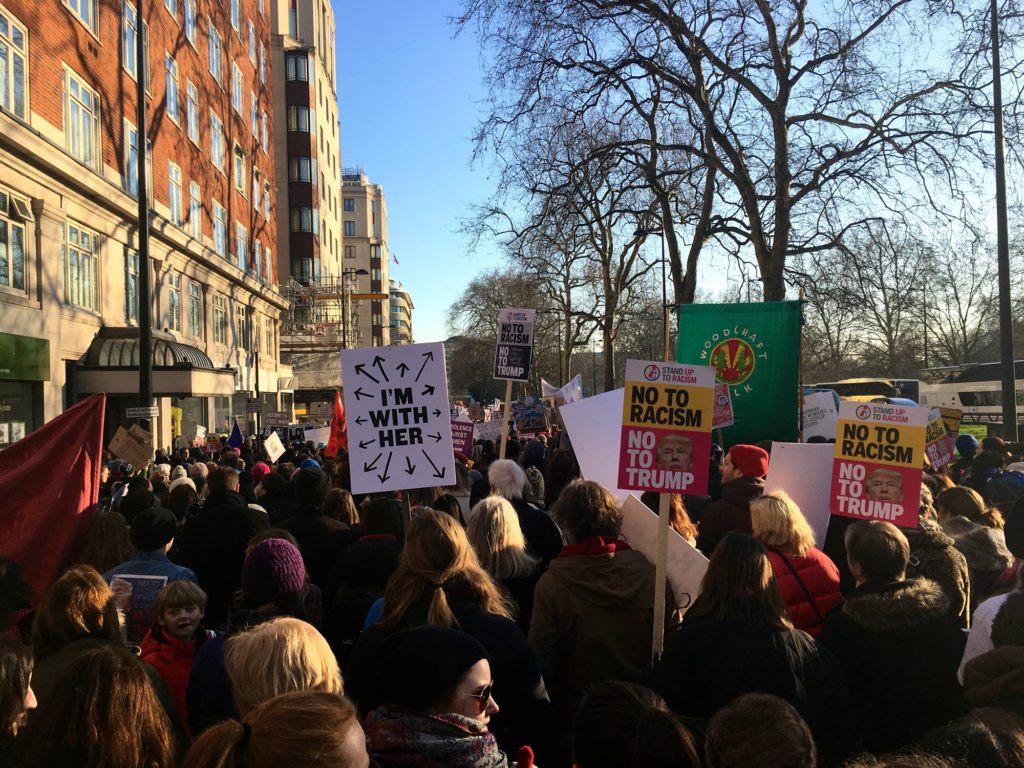 An estimated 100,000 protestors attended the Women's March on London, a sister march of the Women's March on Washington, on Jan. 21, 2017. (Photo by Devi Lockwood/GroundTruth)