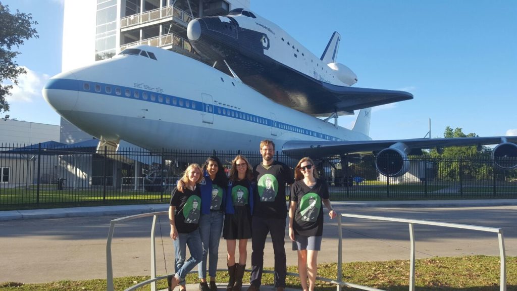 GroundTruth's Rachel Rohr (far right) and Kevin Grant (second from right) stand outside of NASA's Johnson Space Center with the 2016 Women in Tech Fellows.