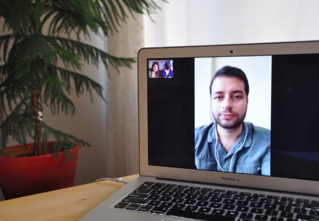 GroundTruth journalists Lauren Bohn and Tugba Tekerek FaceTime with journalist Fatih Yagmur, now in relative hiding in an undisclosed African country. (Photo by Lauren Bohn/GroundTruth)