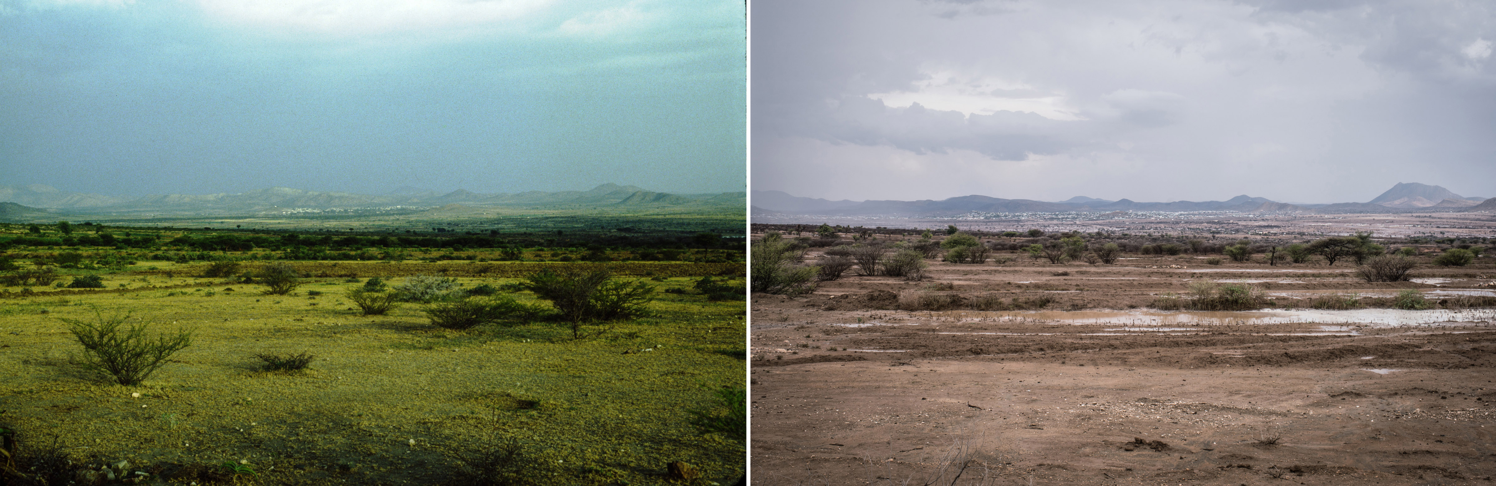 A view of the town of Borama. The image on the left is from Watson’s land surveys of Somalia. The image on the rights is of the same site, taken decades later by photographer Nichole Sobecki.