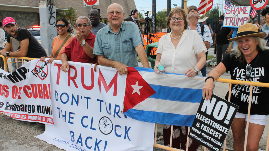 When President Donald Trump announced he would roll back diplomatic relations with Cuba, some Cuban-Americans in Miami protested the decision. This group supports the Obama-era policy that restored diplomatic relations with Cuba. (Amaury Sablon/GroundTruth)