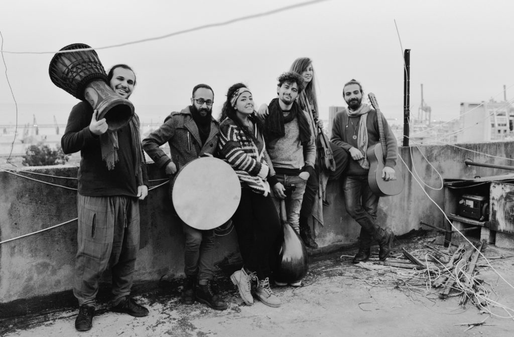 Assa'aleek minus Ahmad Naffory, their founder. The band (from right Nazeer Salama, Inger Hannisdal, Sam Abdullah, Mona Al-Merstany, Abodi Jatal and Mohamad Khayata) remains in Beirut and continue performing. Ahmad has started a band in Amsterdam. (Photo courtesy Mohamad Khayata)