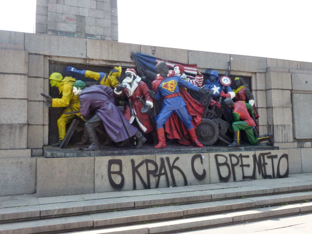 The Monument to the Soviet Union is often defaced, sometimes with Marvel Comics characters. (David Jordan/Medill/GroundTruth)