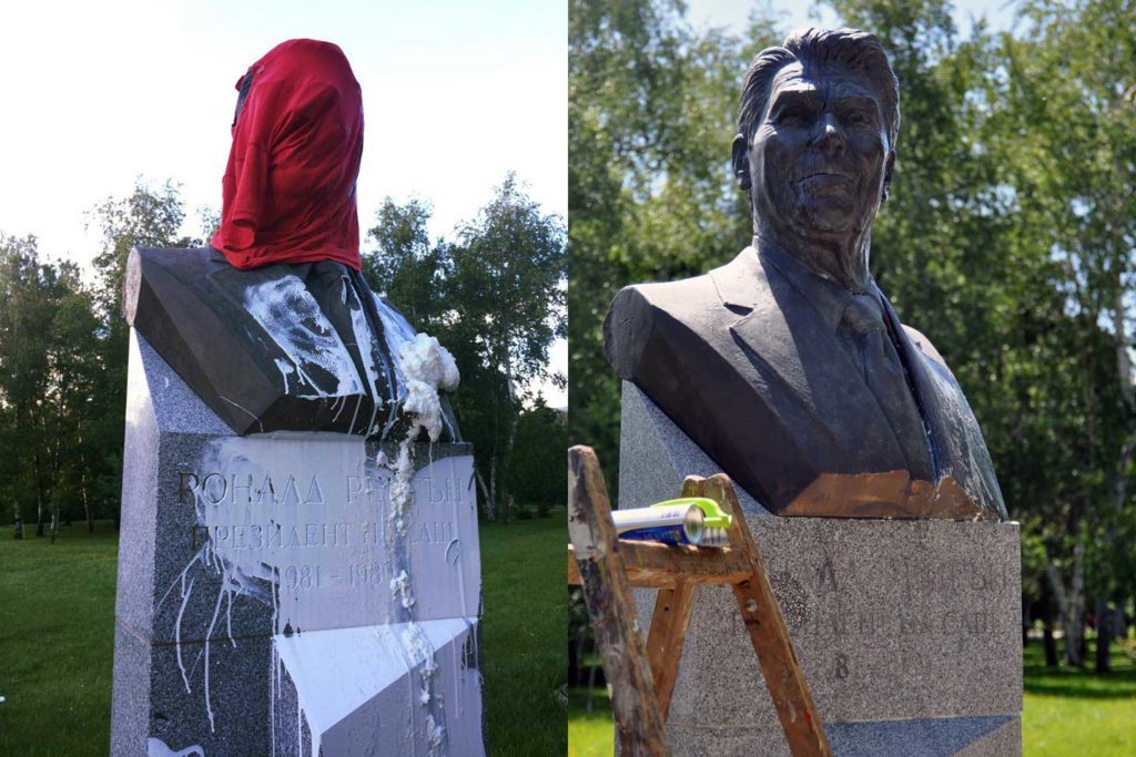 A statue of Ronald Reagan was defaced (left) and then restored (right). (David Jordan/Medill/GroundTruth)