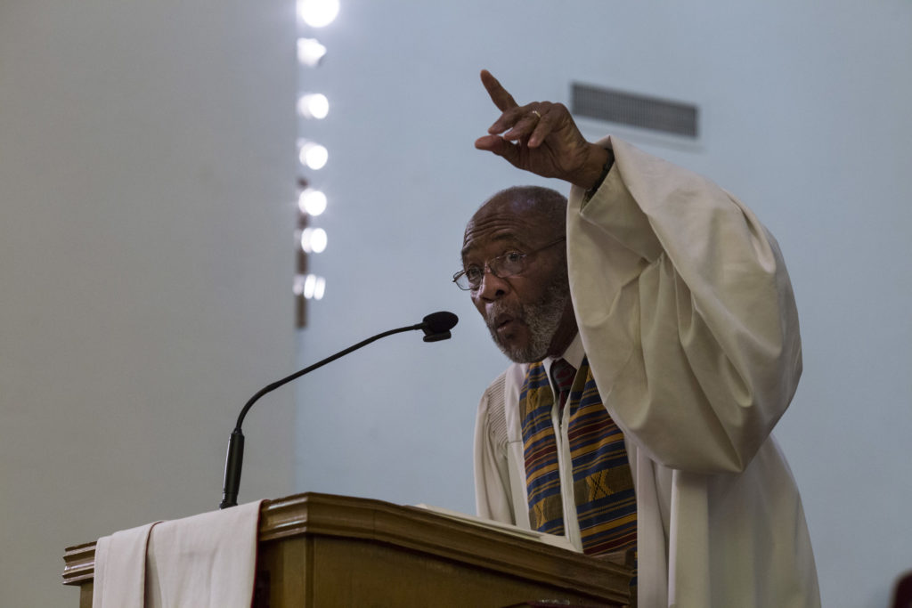 Dr. Amos C. Brown gives a sermon at the Third Baptist Church, where is the pastor, in the Fillmore district of San Francisco, California, on Sunday, November 5, 2017. (Photo by Brittany Greeson)