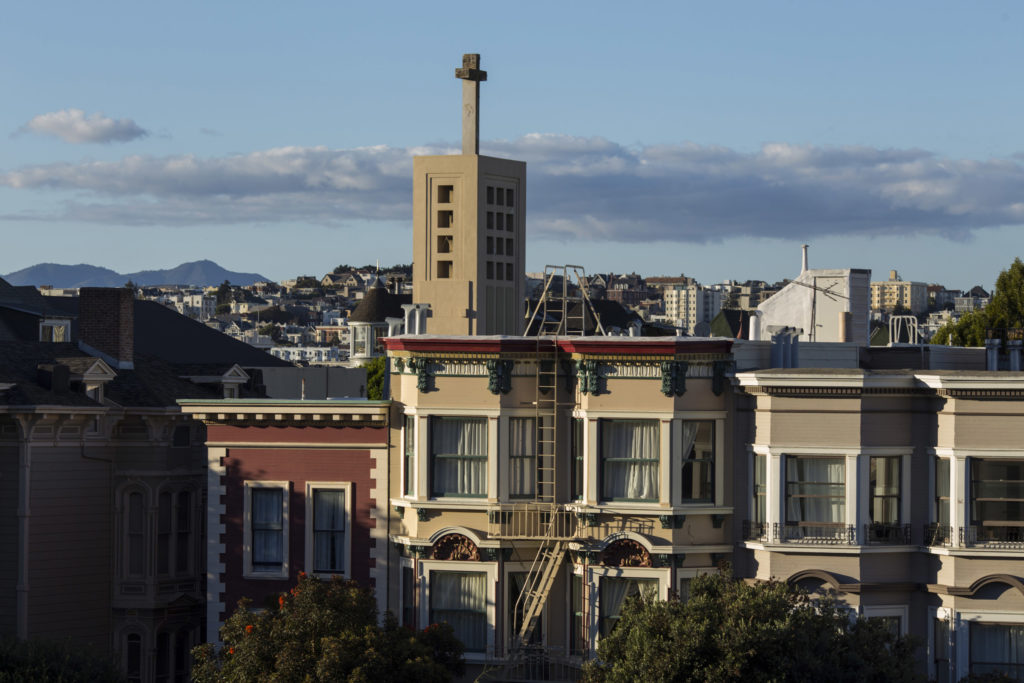 The Third Street Baptist Church towers above homes in the Fillmore District of San Francisco, California, on Tuesday, November 7, 2017. (Photo by Brittany Greeson)