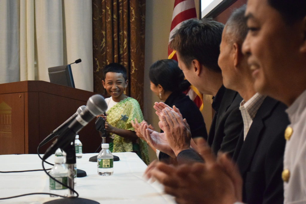 Maddox smiles as he's applauded at a podcast event in Lowell, Massachusetts on October 25, 2017. (Photo by Ian Coss)