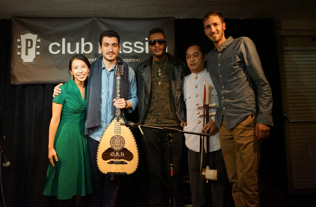 The New American Songbook's Heidi Shin (far left) and Ian Coss (far right) pose for a photo with (from left) Greek laouto player Vasilis Kostas, Haitian rapper Masterbrain and Cambodian-American musician Sovann Kohn at Club Passim in Cambridge on November 21, 2017. (Photo by Wesley Wong) 