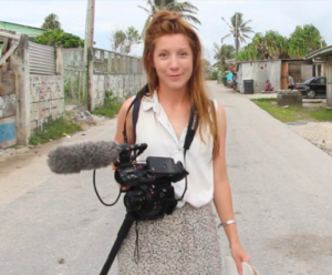 Kim Wall reporting in Majuro, the Marshall Islands. (Photo by Jan Hendrik Hinzel)