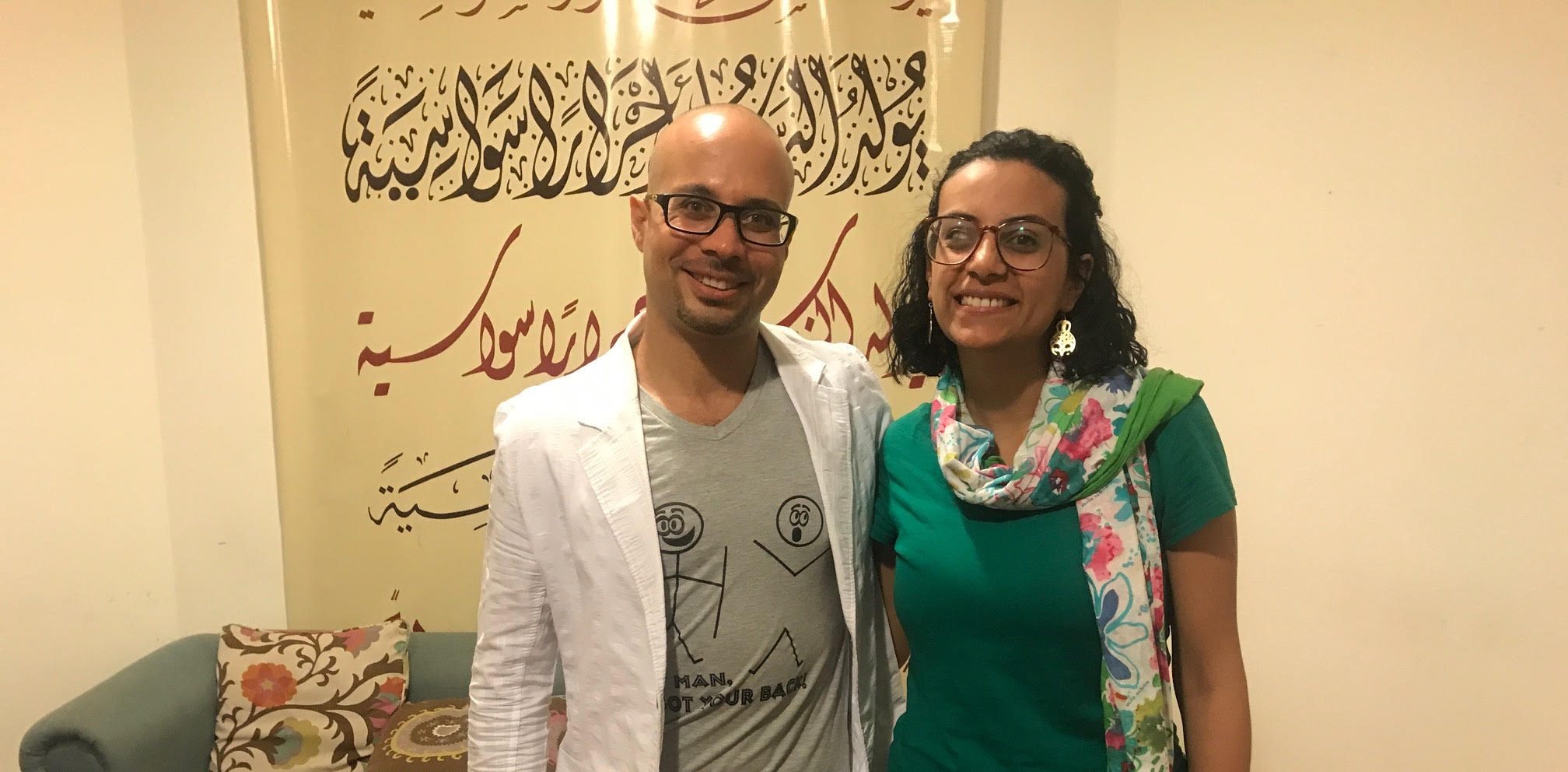 Ahmed Maher and his friend, human rights lawyer and activist Mahinour el-Masry pictured in Cairo, Egypt. Both had been jailed for their activism. (Lauren Bohn/GroundTruth)