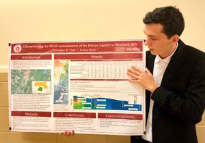 Chris Clark, an undergraduate research assistant at UMass Amherst, presents his research on the PFAS-contaminated Barnes Aquifer. (Photo by Paige Williams/GroundTruth)